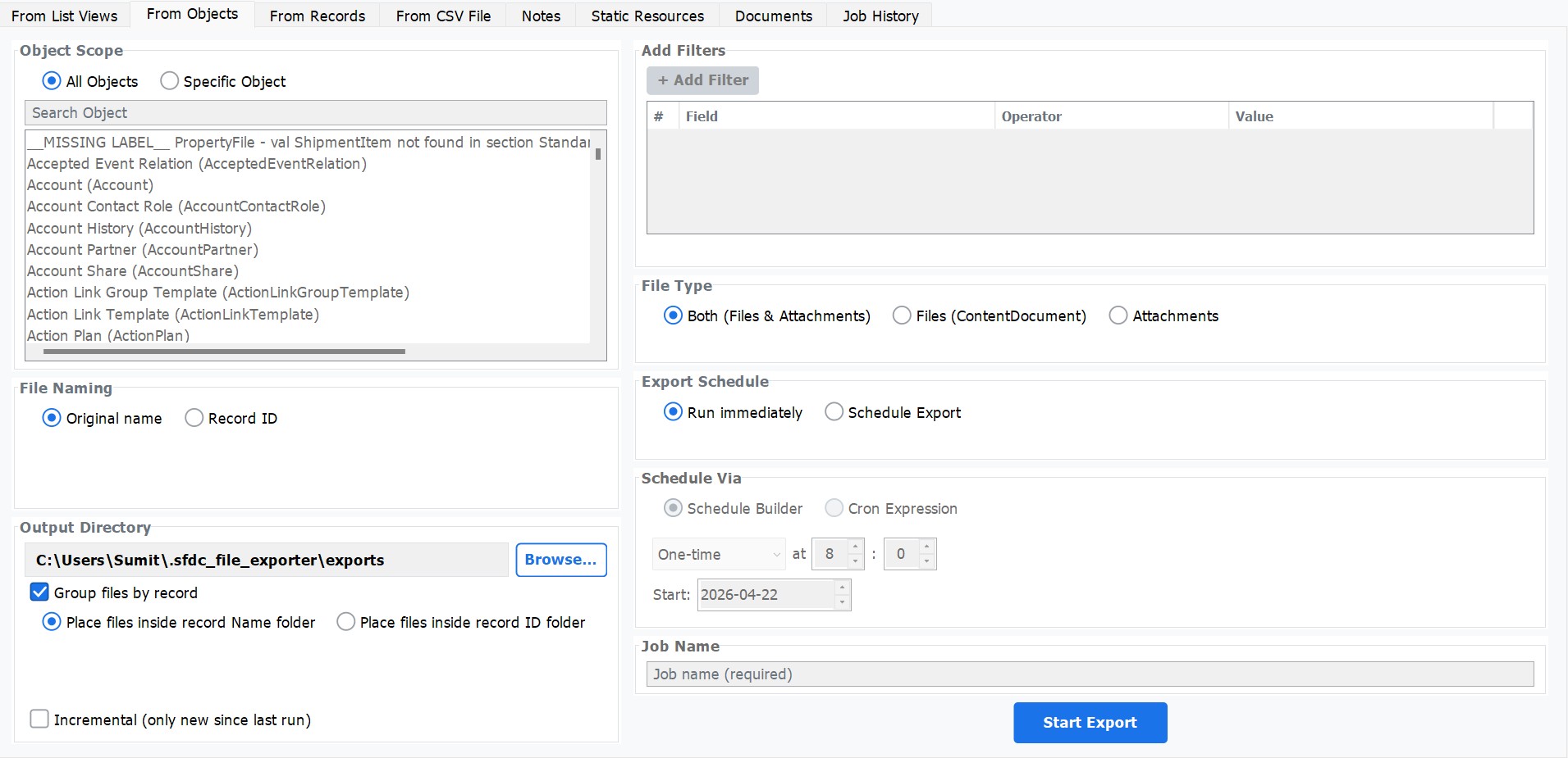 Object-scope export with custom filters