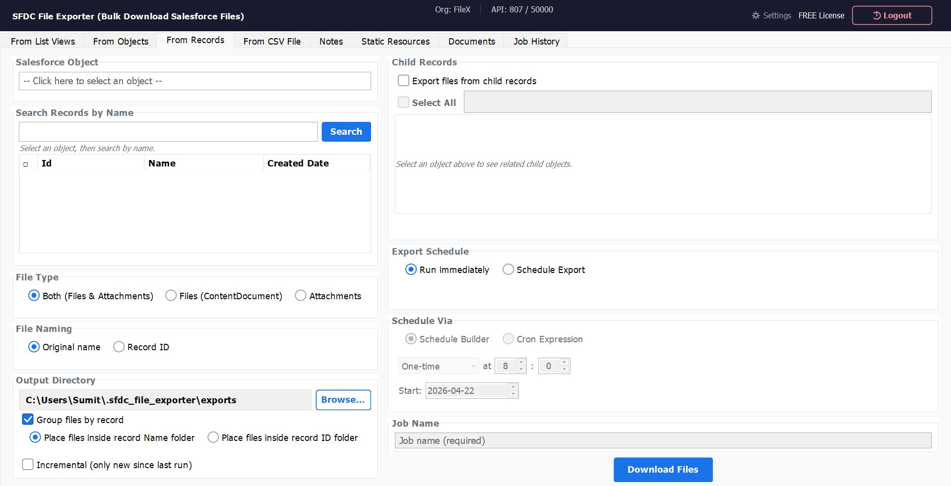 Export from a single record and its child records