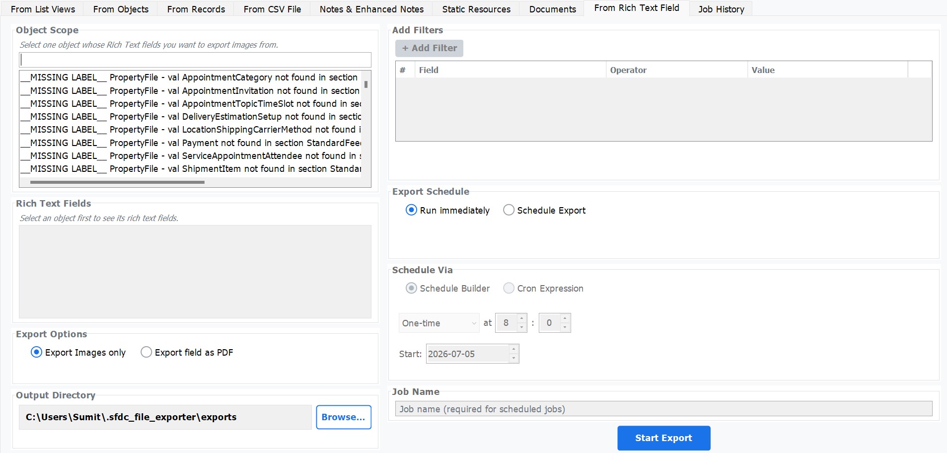 Rich Text Fields export screen in SFDC File Exporter