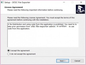 SFDC File Exporter installation agreement screen