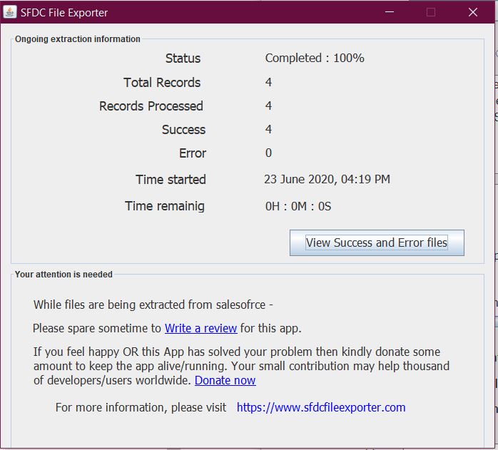 SFDC File Exporter ongoing extraction status popup