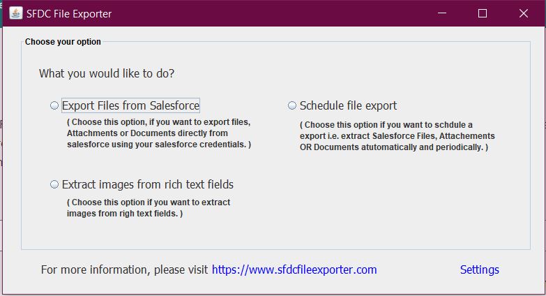 SFDC File Exporter main options screen