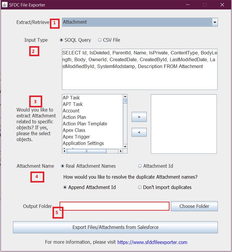SFDC File Exporter export configuration screen